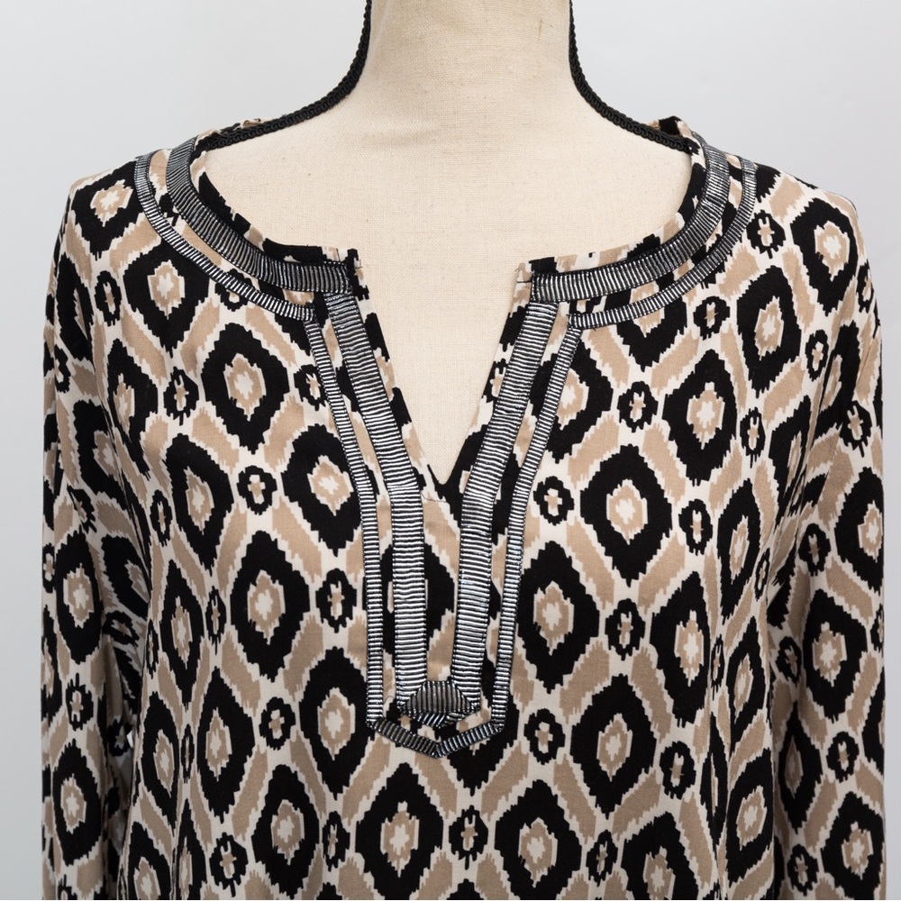 Twiggy London 60s vibe patterned tunic with metallic trim XL neutral tan & black